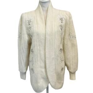 VTG 1980s Minali Angora Blend White Beaded Floral Cardigan Art Deco Retro Medium